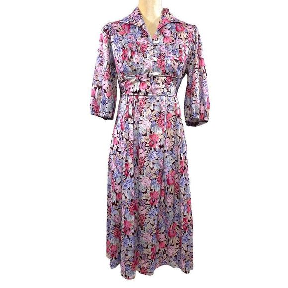 70s Vintage Brown Pink Purple Floral Empire Waist Dress with Attached Ties Sz 11 - Picture 1 of 6